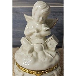 Porcelain Cherub Trinket Box Hinged Angel Lid Bird Figurine 7.5" Gold Trim